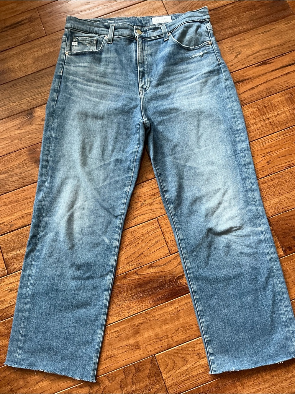 AG Brinley Mid Rise Straight Cropped Jeans, Raw Hem, Italian Fabric, size 31